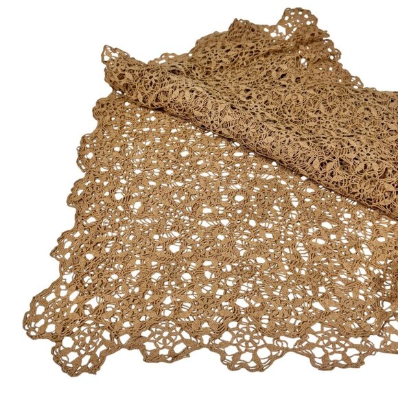Vintage Handmade Intricate Lace Crocheted Tablecloth 60”x72” Tan Scalloped - Picture 4 of 11